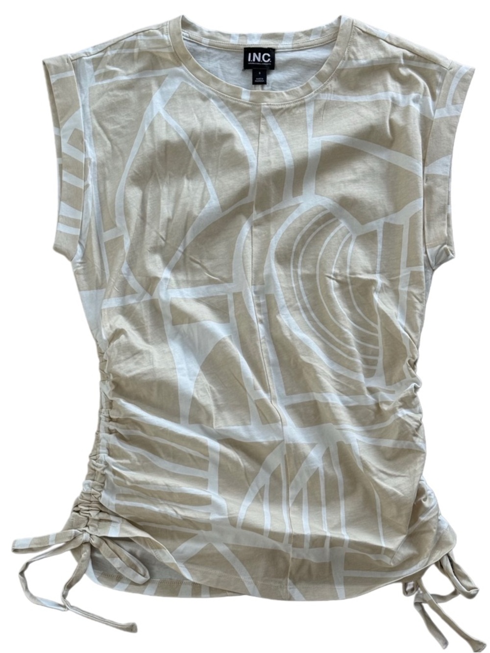 INC International Concepts Beige & White Ruched Side Short Sleeve Tee